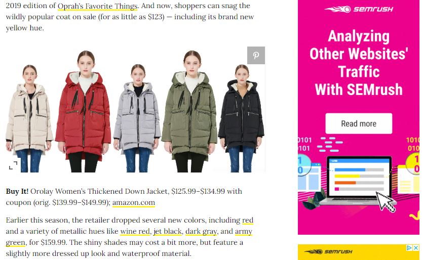 Publisher selling a coat with many ads, and no clear affiliate link