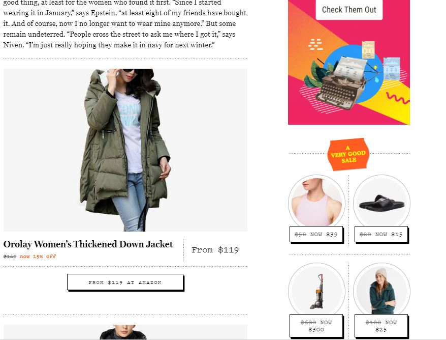 Publisher selling coat with a clear affiliate link and price, but also distractions in the side bar
