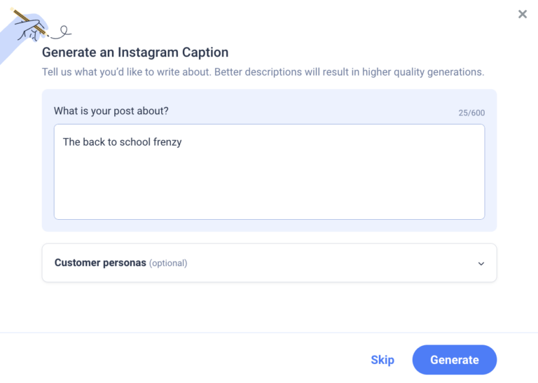 Screenshot of the Anyword Instagram caption generator tool in use